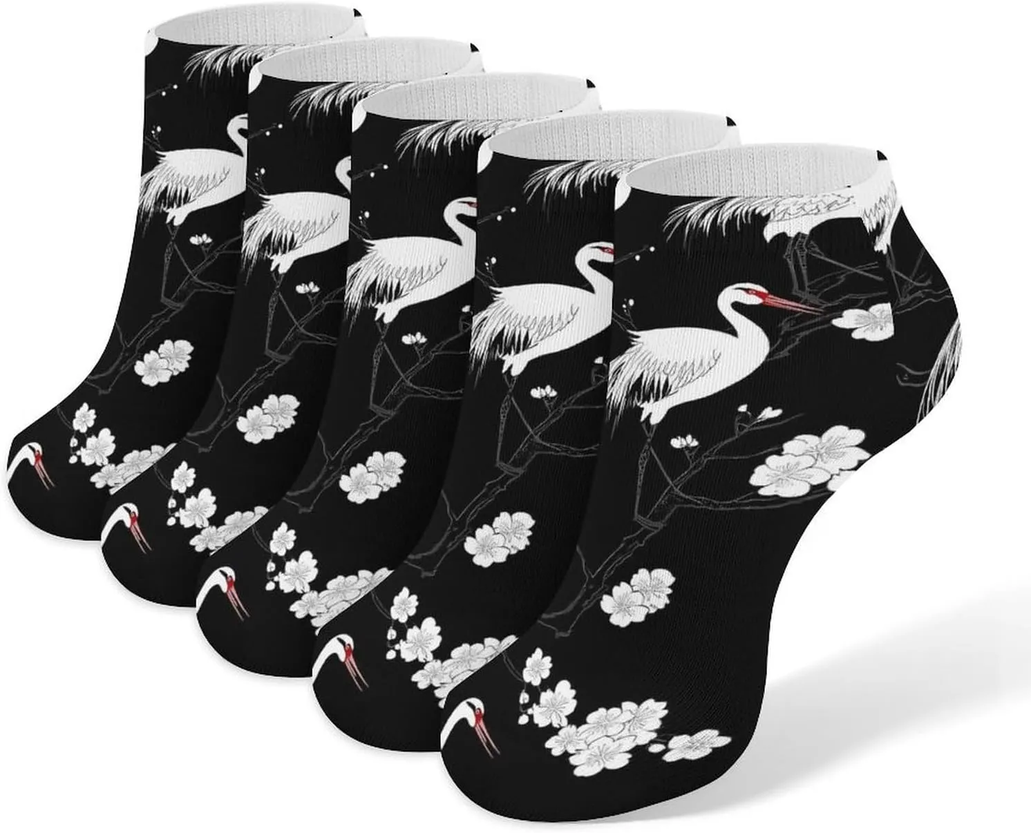 Japanese Crane White Birds Low Cut No Show Ankle Sock 5 Pairs Set Breathable Casual Sock for Men Women