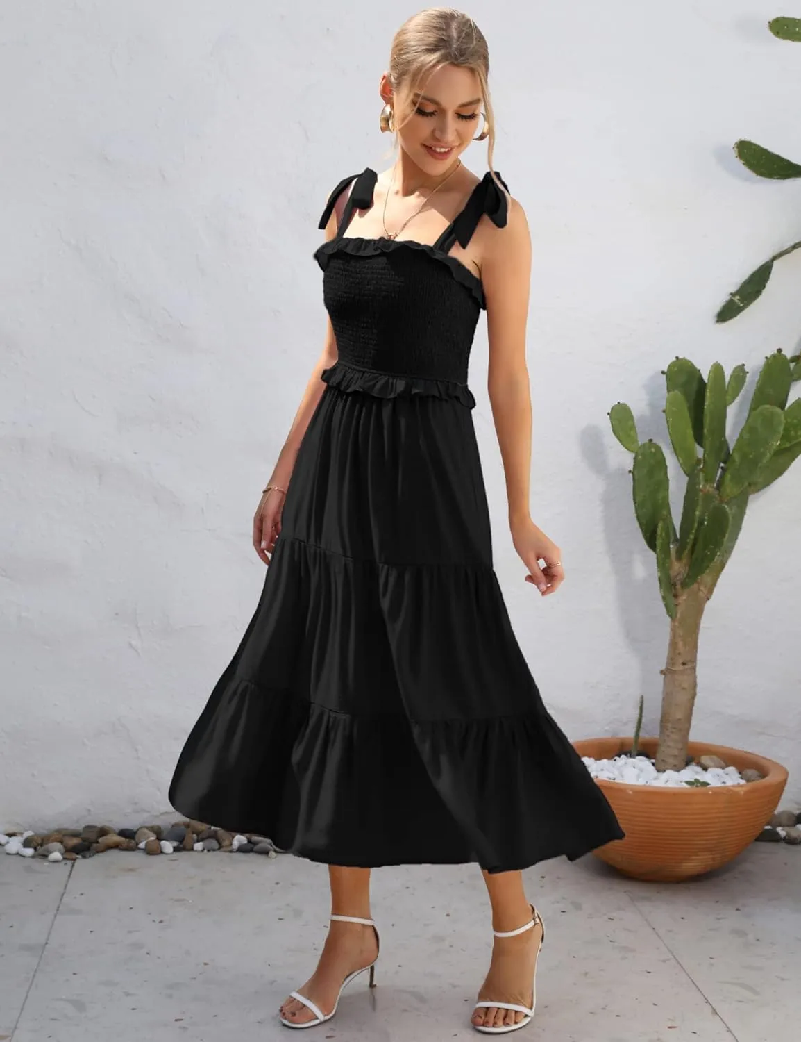 KOJOOIN Women's Summer Maxi Dress Casual Smocked High Waist Midi Dress with Pockets