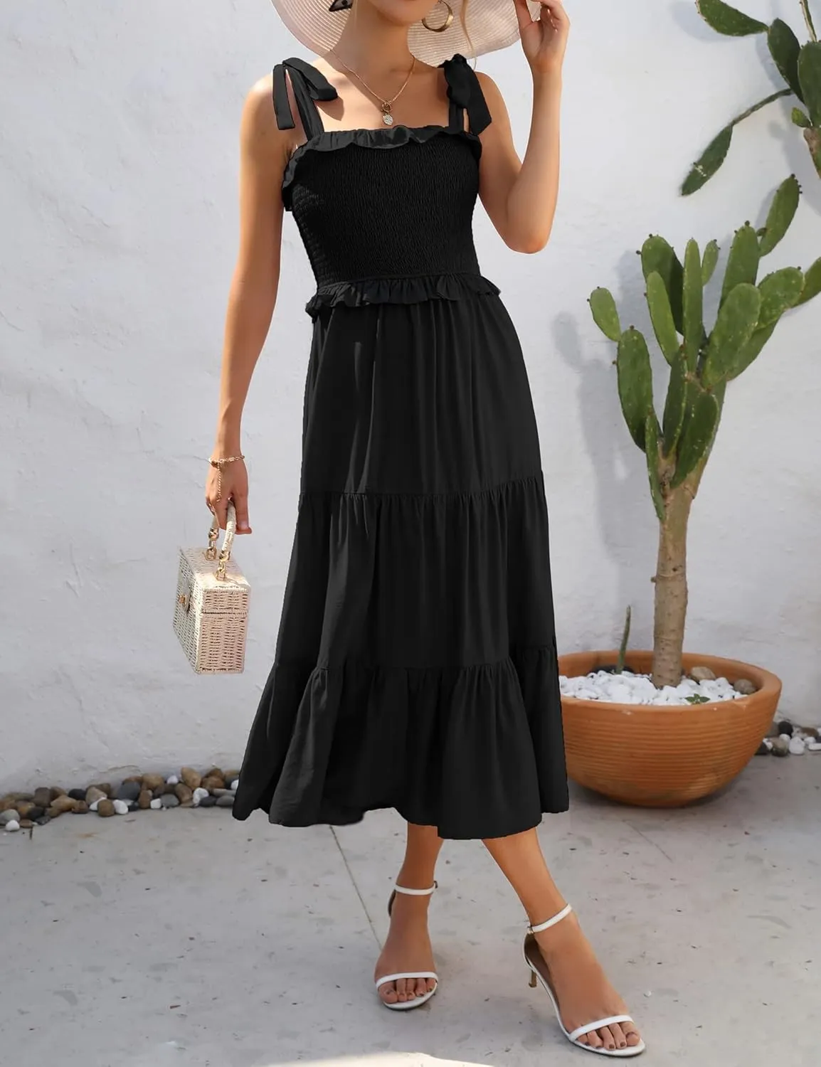 KOJOOIN Women's Summer Maxi Dress Casual Smocked High Waist Midi Dress with Pockets