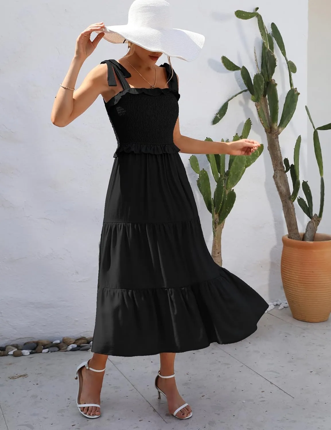 KOJOOIN Women's Summer Maxi Dress Casual Smocked High Waist Midi Dress with Pockets