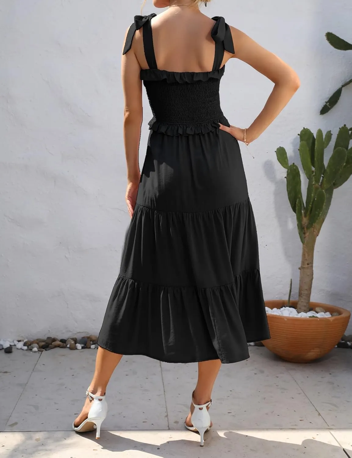 KOJOOIN Women's Summer Maxi Dress Casual Smocked High Waist Midi Dress with Pockets