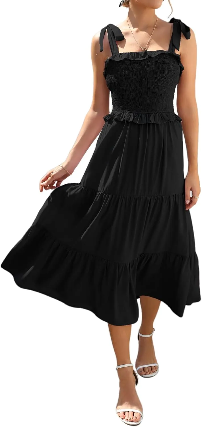 KOJOOIN Women's Summer Maxi Dress Casual Smocked High Waist Midi Dress with Pockets