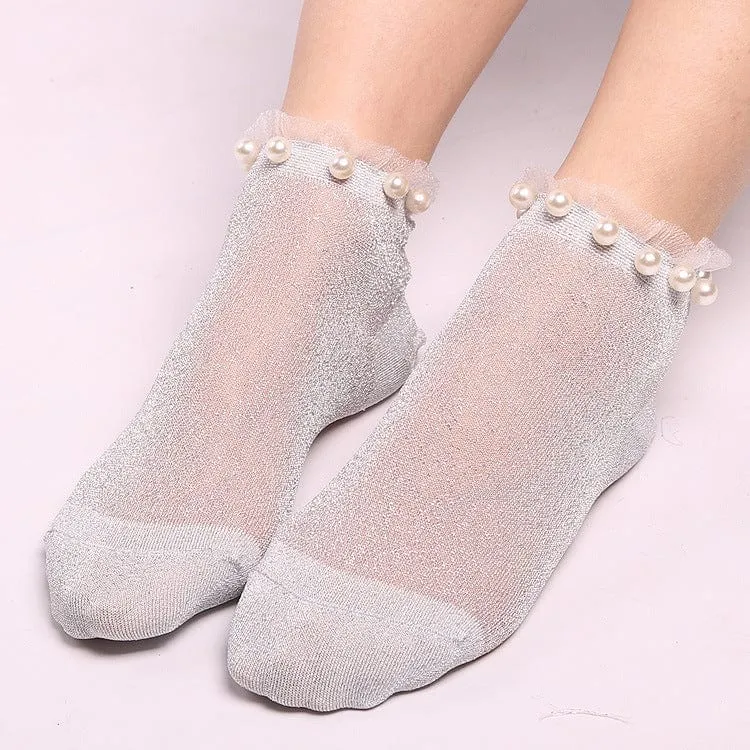 Ladies Pearl Beads Glitter Mesh Invisible Ankle Socks Lace Socks