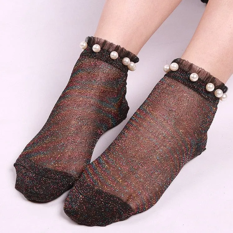 Ladies Pearl Beads Glitter Mesh Invisible Ankle Socks Lace Socks