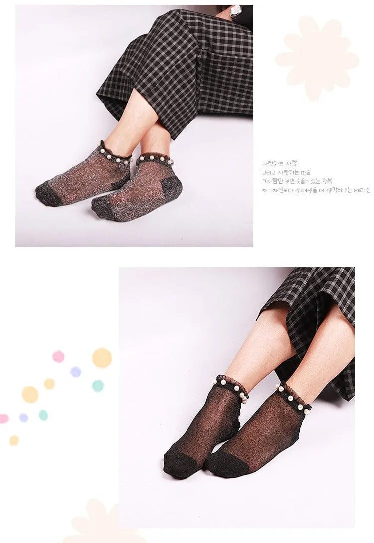 Ladies Pearl Beads Glitter Mesh Invisible Ankle Socks Lace Socks