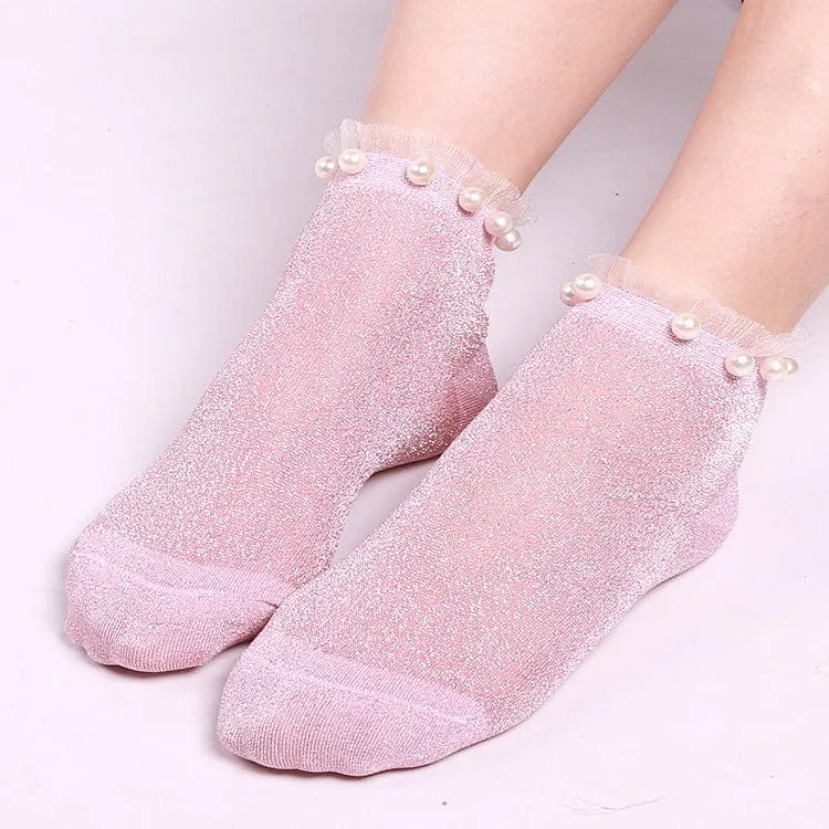 Ladies Pearl Beads Glitter Mesh Invisible Ankle Socks Lace Socks