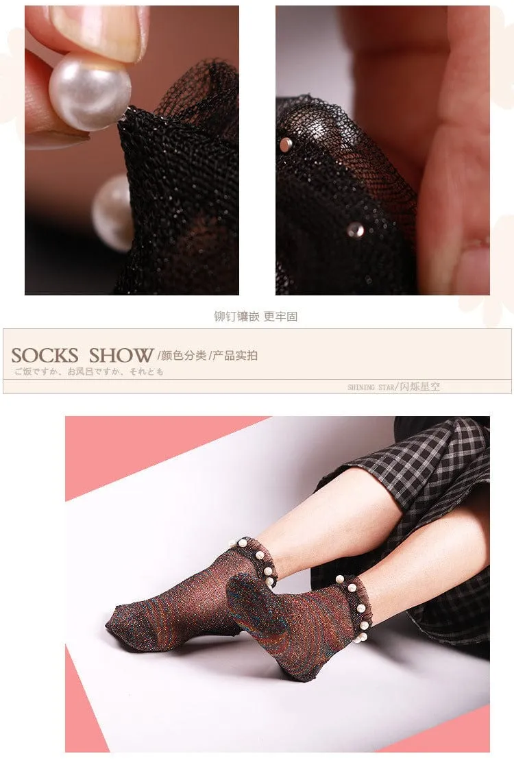 Ladies Pearl Beads Glitter Mesh Invisible Ankle Socks Lace Socks