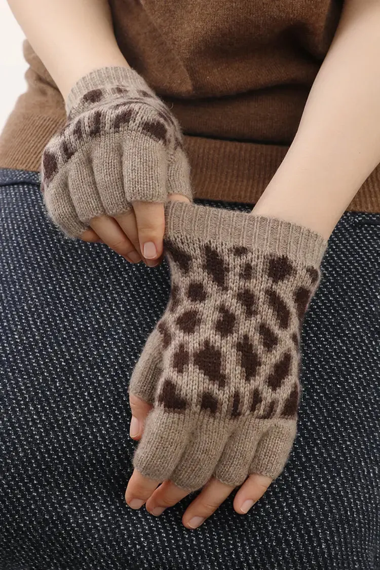 Leopard Print Rib Knit 100 Cashmere Fingerless Gloves