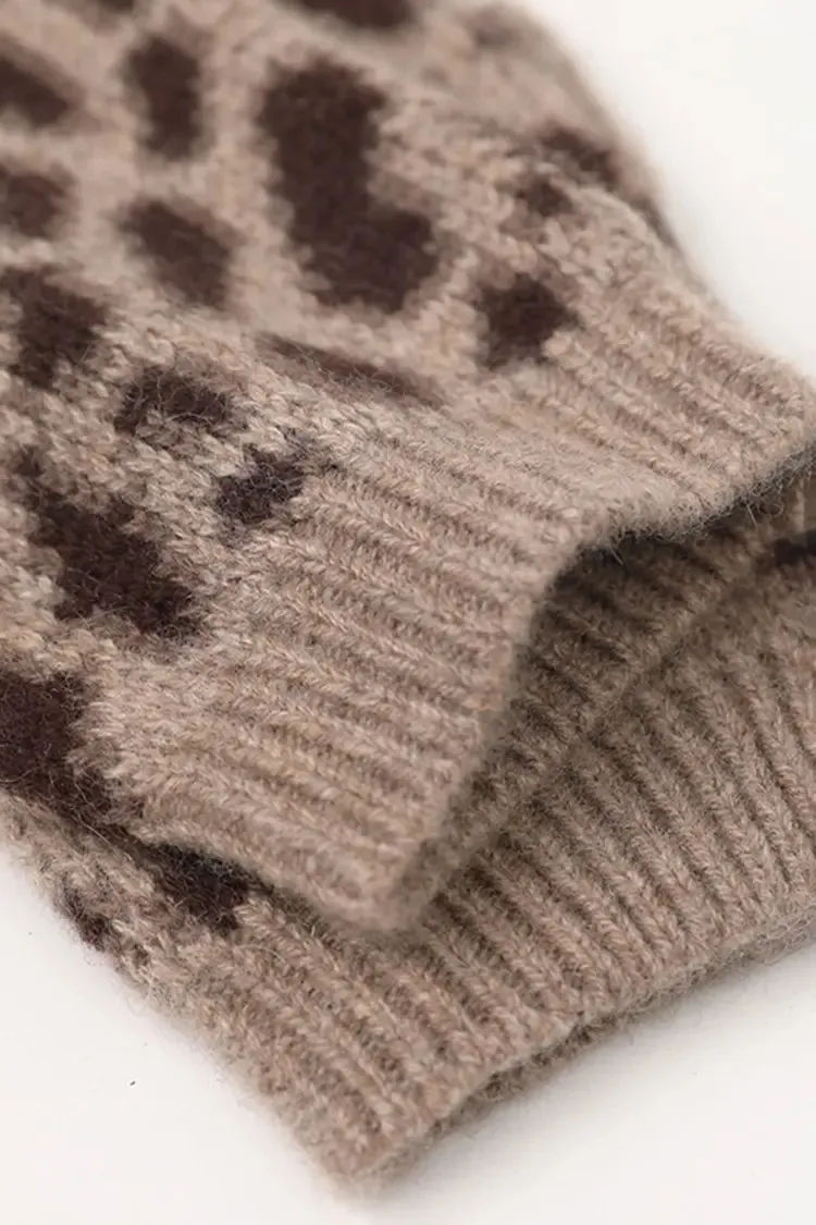 Leopard Print Rib Knit 100 Cashmere Fingerless Gloves