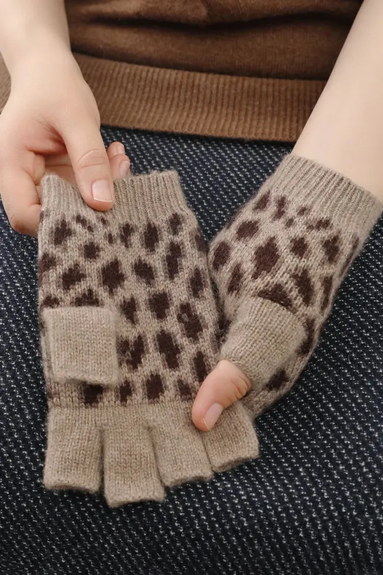 Leopard Print Rib Knit 100 Cashmere Fingerless Gloves