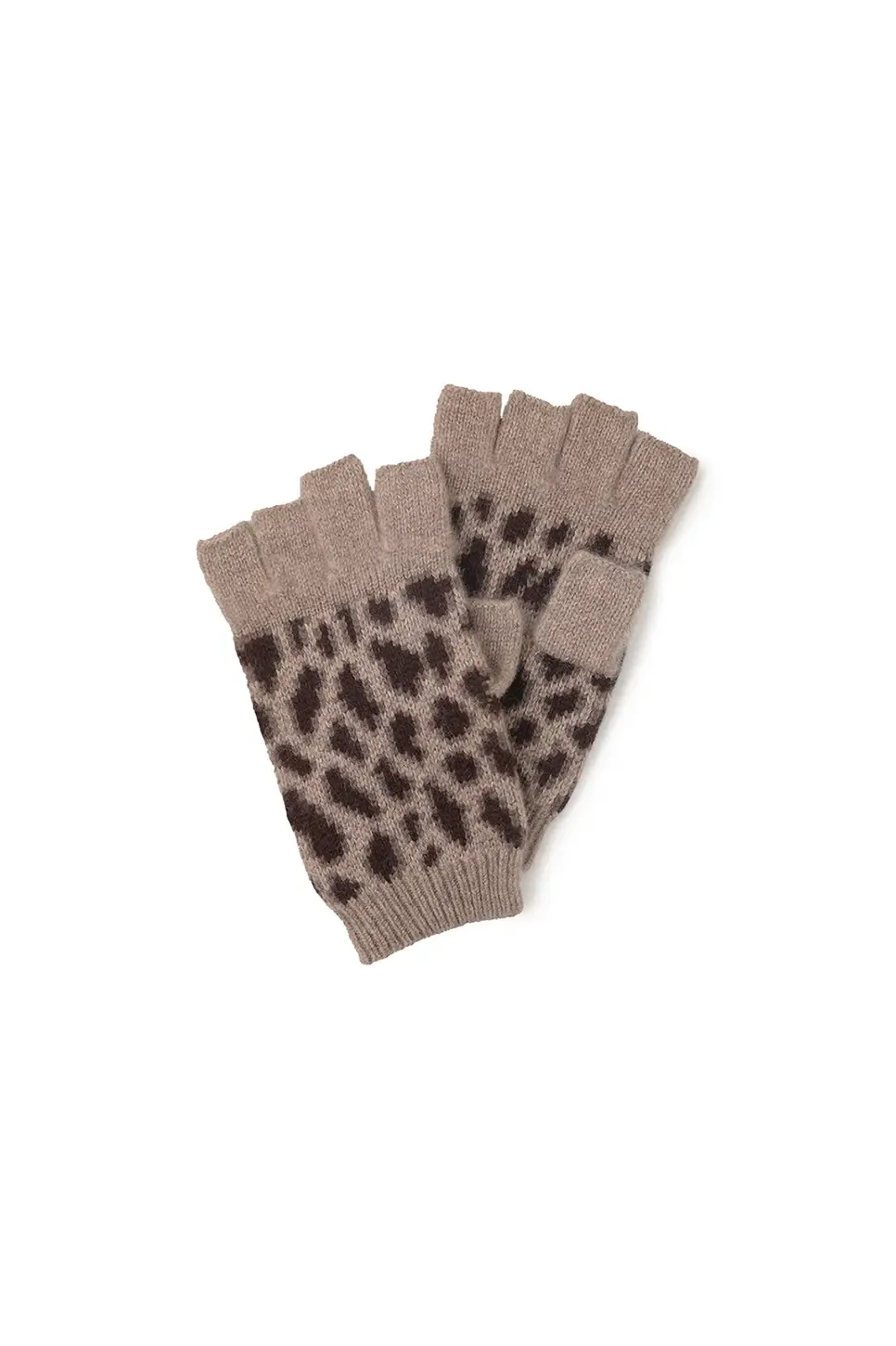 Leopard Print Rib Knit 100 Cashmere Fingerless Gloves