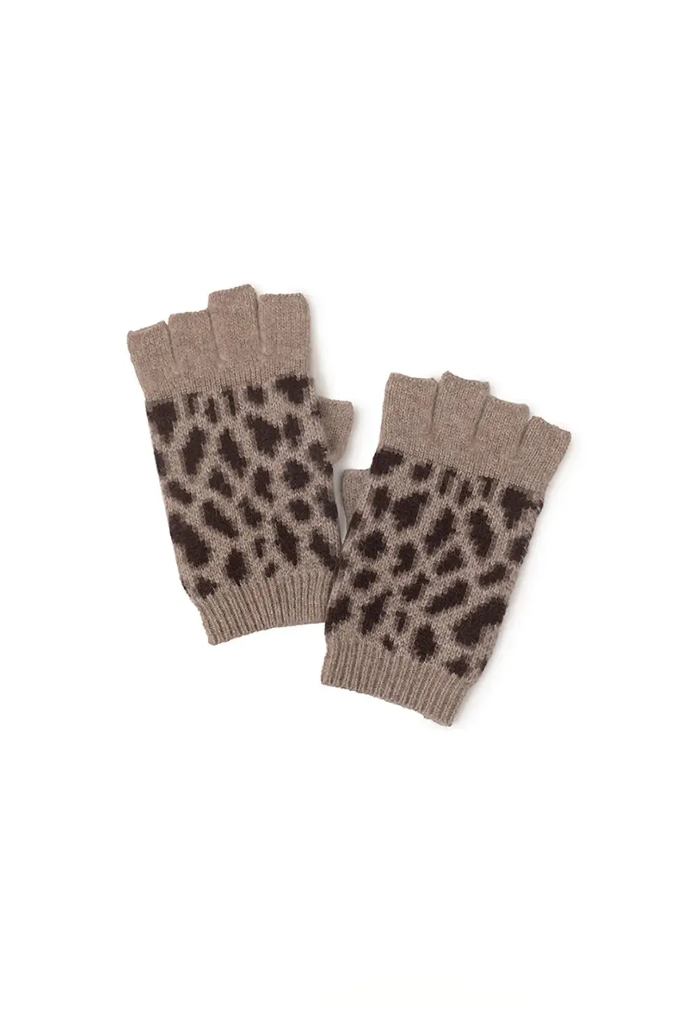 Leopard Print Rib Knit 100 Cashmere Fingerless Gloves