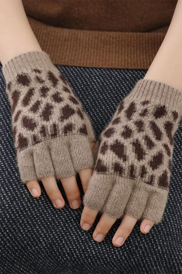 Leopard Print Rib Knit 100 Cashmere Fingerless Gloves