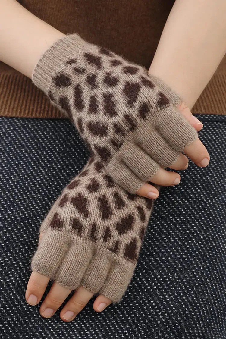 Leopard Print Rib Knit 100 Cashmere Fingerless Gloves