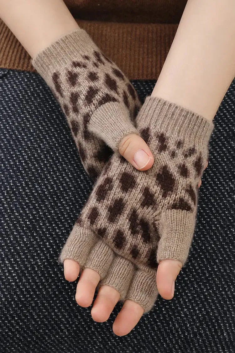 Leopard Print Rib Knit 100 Cashmere Fingerless Gloves
