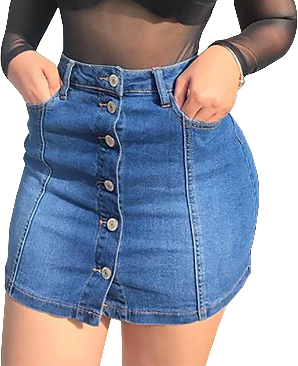 LONGYIDA Women's Casual Short Denim Skirt Y2K Stretchy Jean Skirt Washed Frayed A-Line Denim Jean Short Skirt