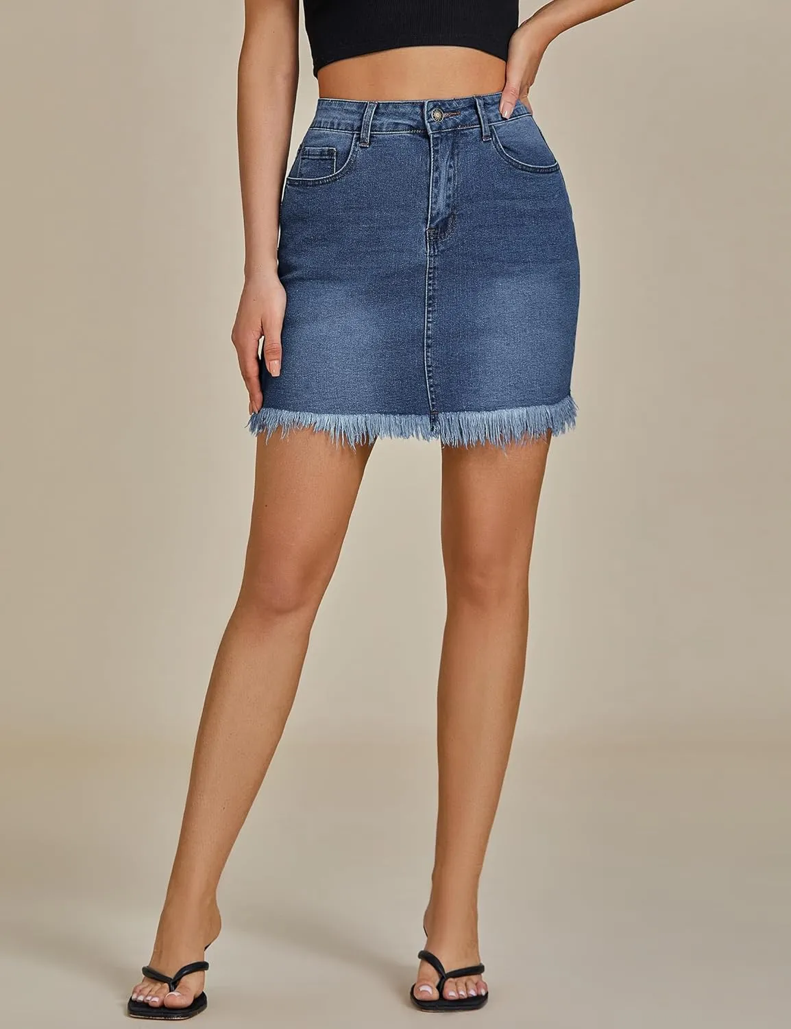 luvamia Women's Casual Mid Waisted Washed Frayed Pockets Denim Jean Short Skirt