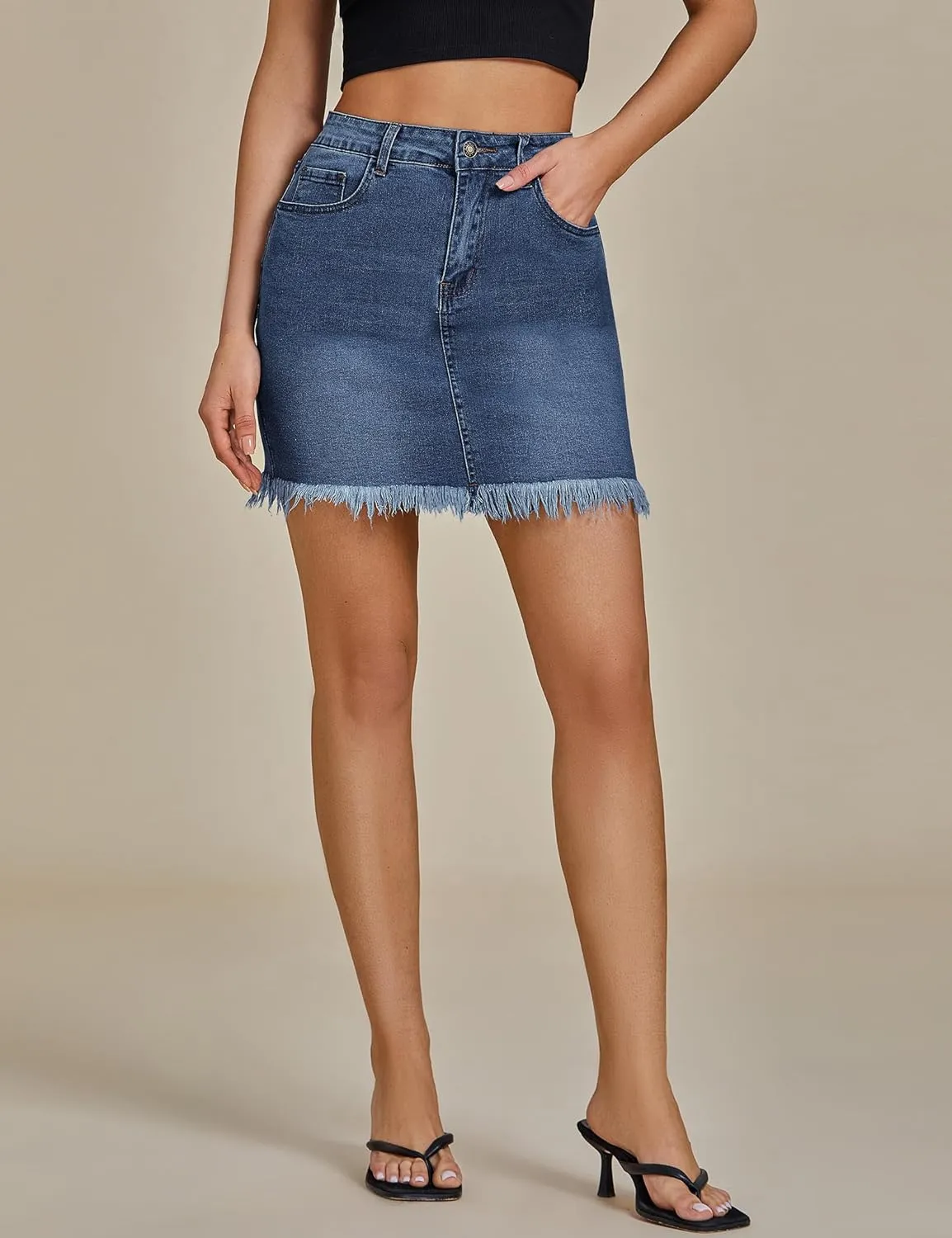 luvamia Women's Casual Mid Waisted Washed Frayed Pockets Denim Jean Short Skirt