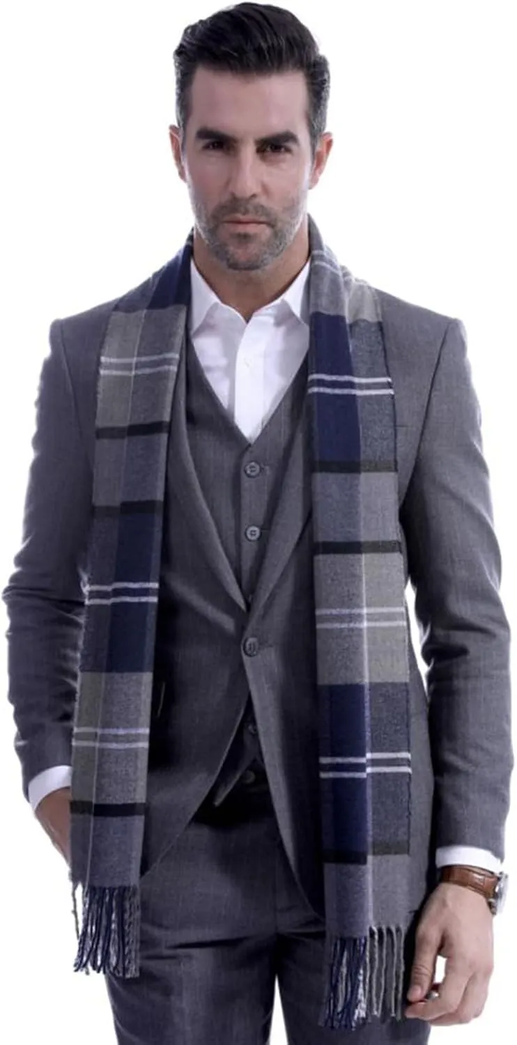 Men's Scarves Winter Plaid Scarf Tassel Edge Soft Warm Scarf-Black and Grey Striped Men's Scarf for Gift