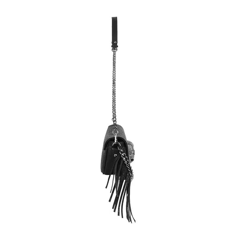 Metal Skull Fringed Shoulder Bag for Women / Gothic Black Bag With Chain Decor