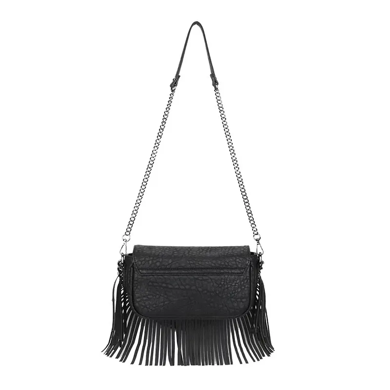Metal Skull Fringed Shoulder Bag for Women / Gothic Black Bag With Chain Decor