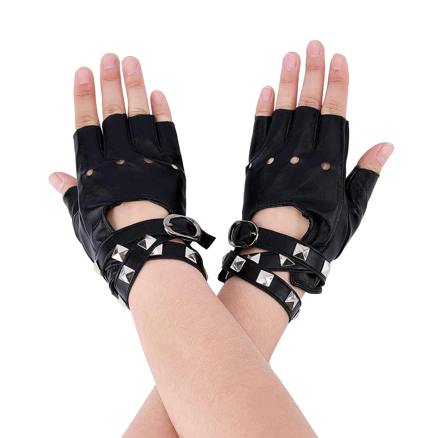 NICENEEDED Fingerless Faux Leather Gloves, Punk Gloves PU Leathe Gloves, Gothic Half Finger Glove Cosplay Performance Gloves Outdoor Sport Fingerless Driving Gloves for Driving Motorcycle Bike