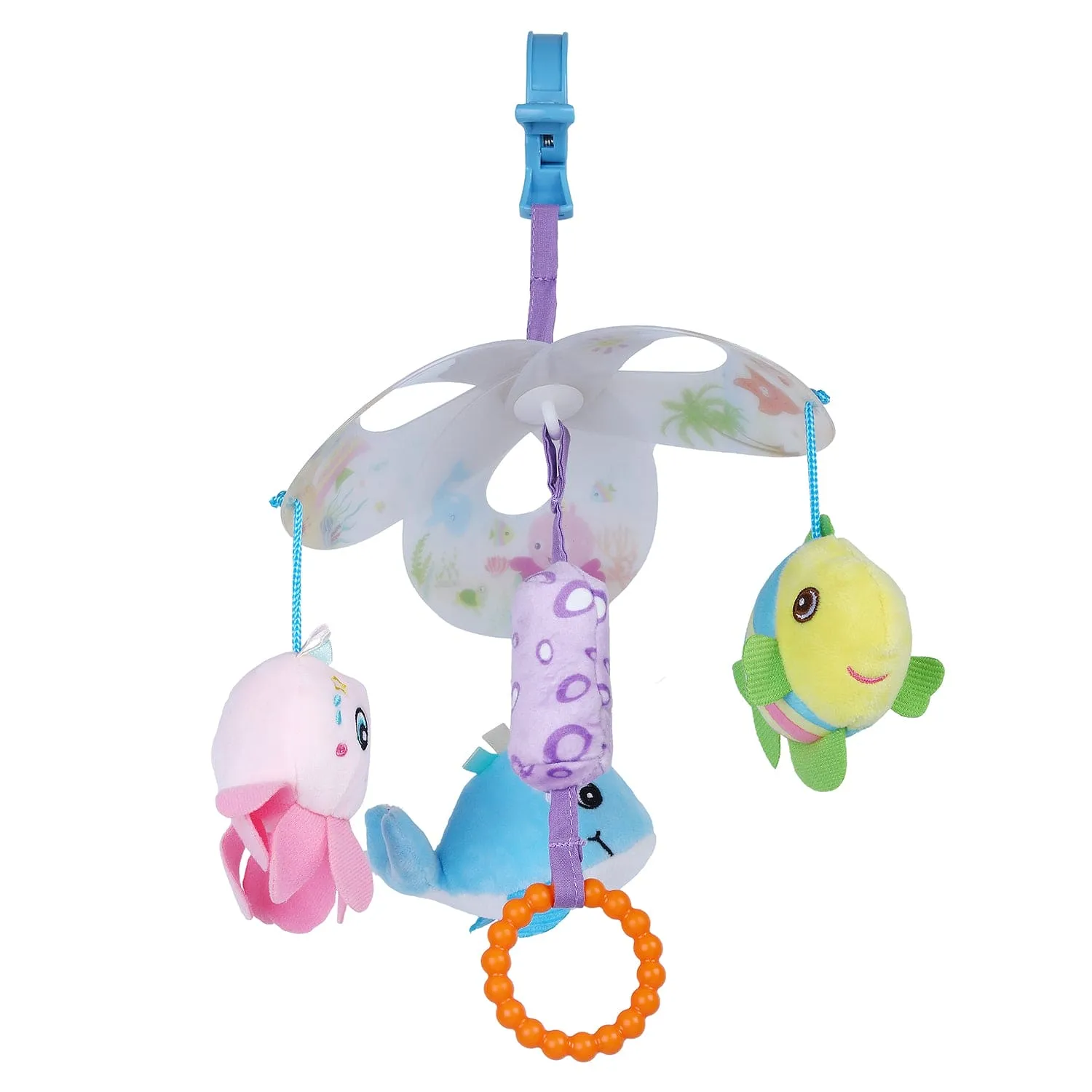 Ocean Friends Clip-On Foldable Rotating Wind Chime Cot Mobile With Hanging Rattle Toys - Multicolour