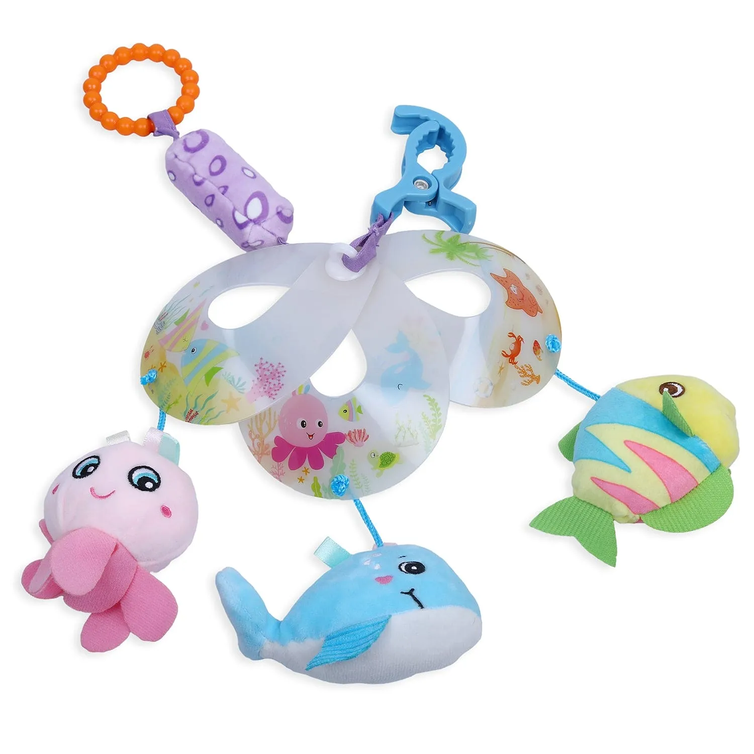 Ocean Friends Clip-On Foldable Rotating Wind Chime Cot Mobile With Hanging Rattle Toys - Multicolour