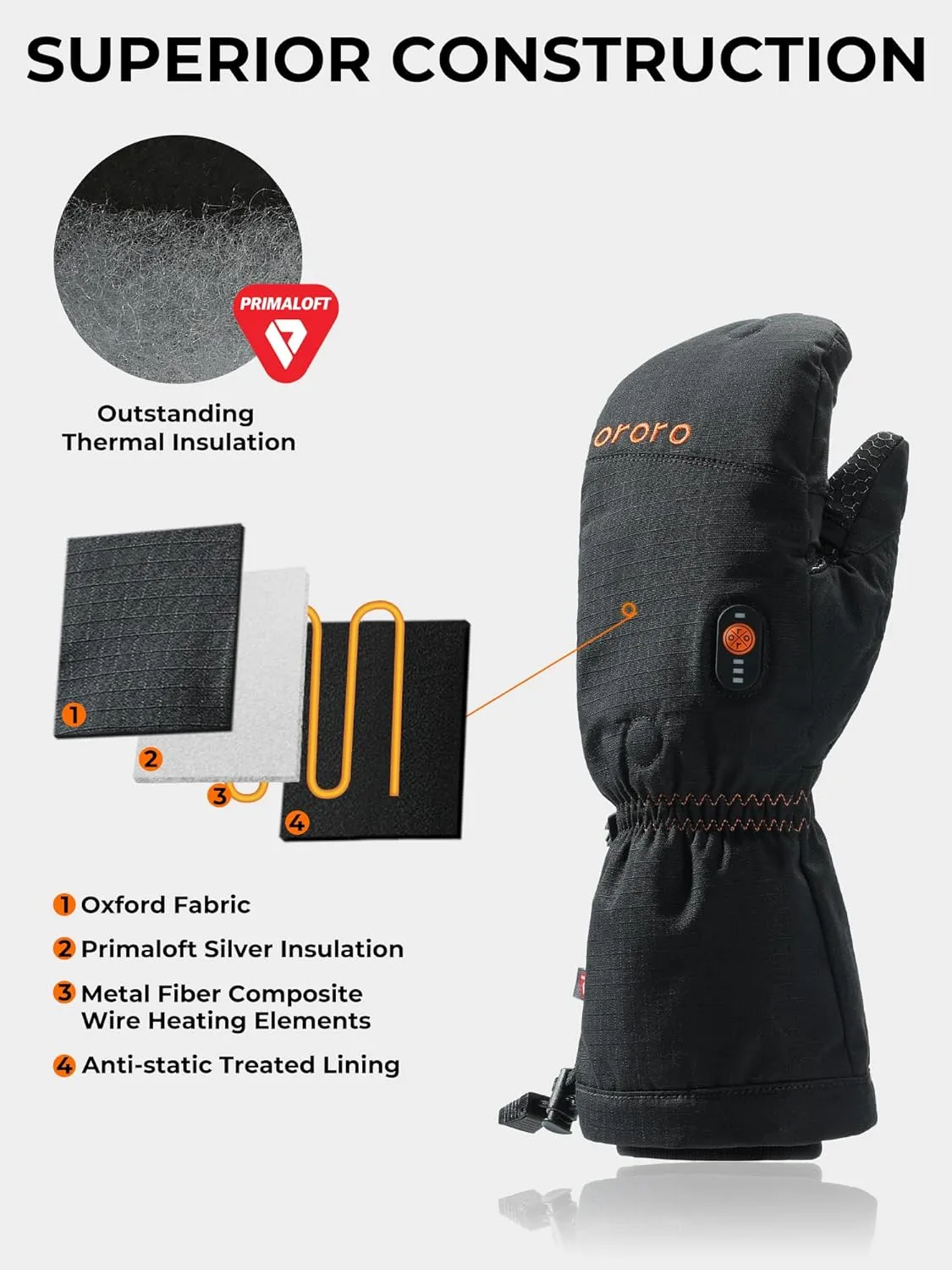 ORORO Heated Convertible Mittens with PrimaLoft Insulation, Fingerless Flip Top Gloves (Charger Not Included)