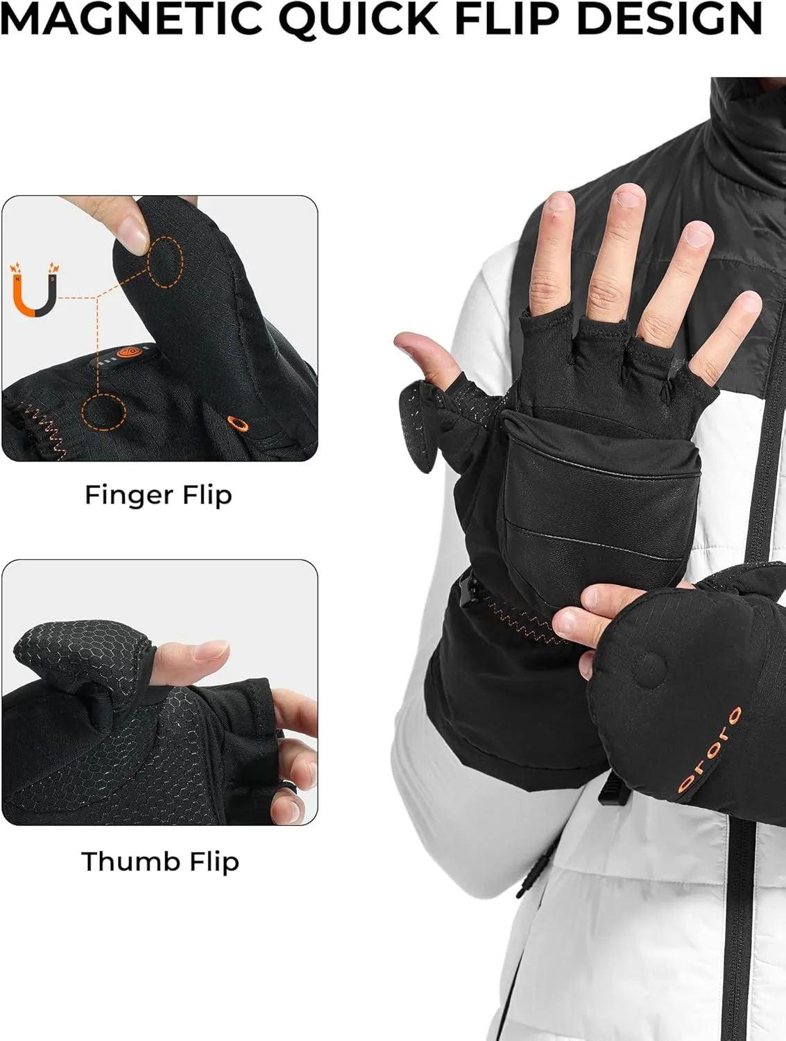 ORORO Heated Convertible Mittens with PrimaLoft Insulation, Fingerless Flip Top Gloves (Charger Not Included)