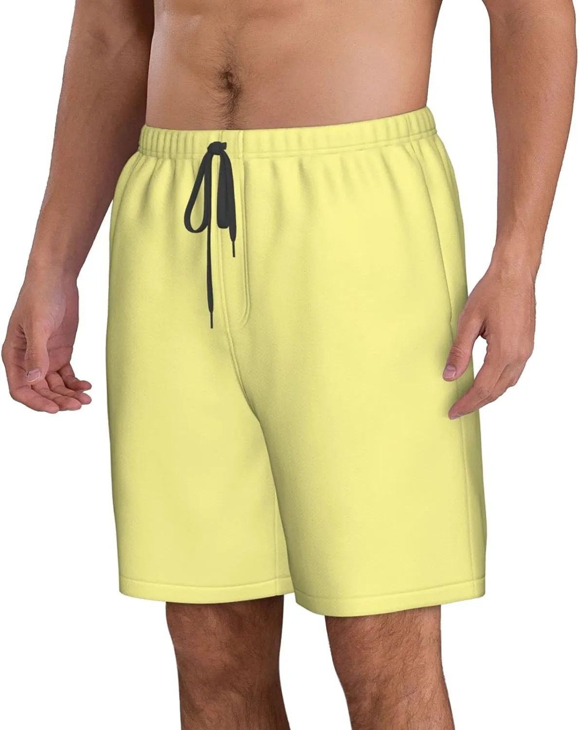 Pastel Yellow Solid Color Mens Athletic Gym Shorts Elastic Waist Casual Pocket Jogger Men Workout Short Pants