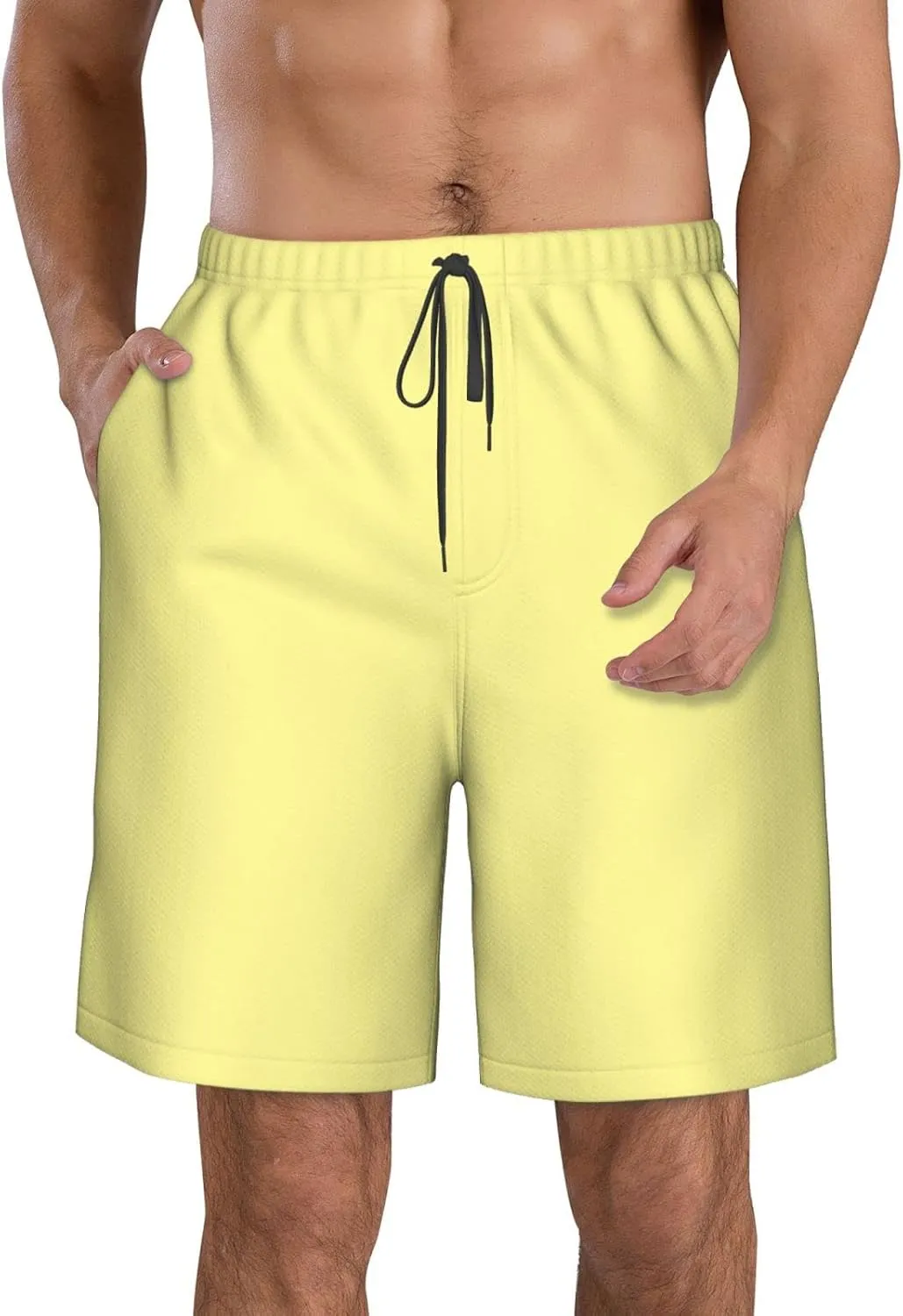 Pastel Yellow Solid Color Mens Athletic Gym Shorts Elastic Waist Casual Pocket Jogger Men Workout Short Pants