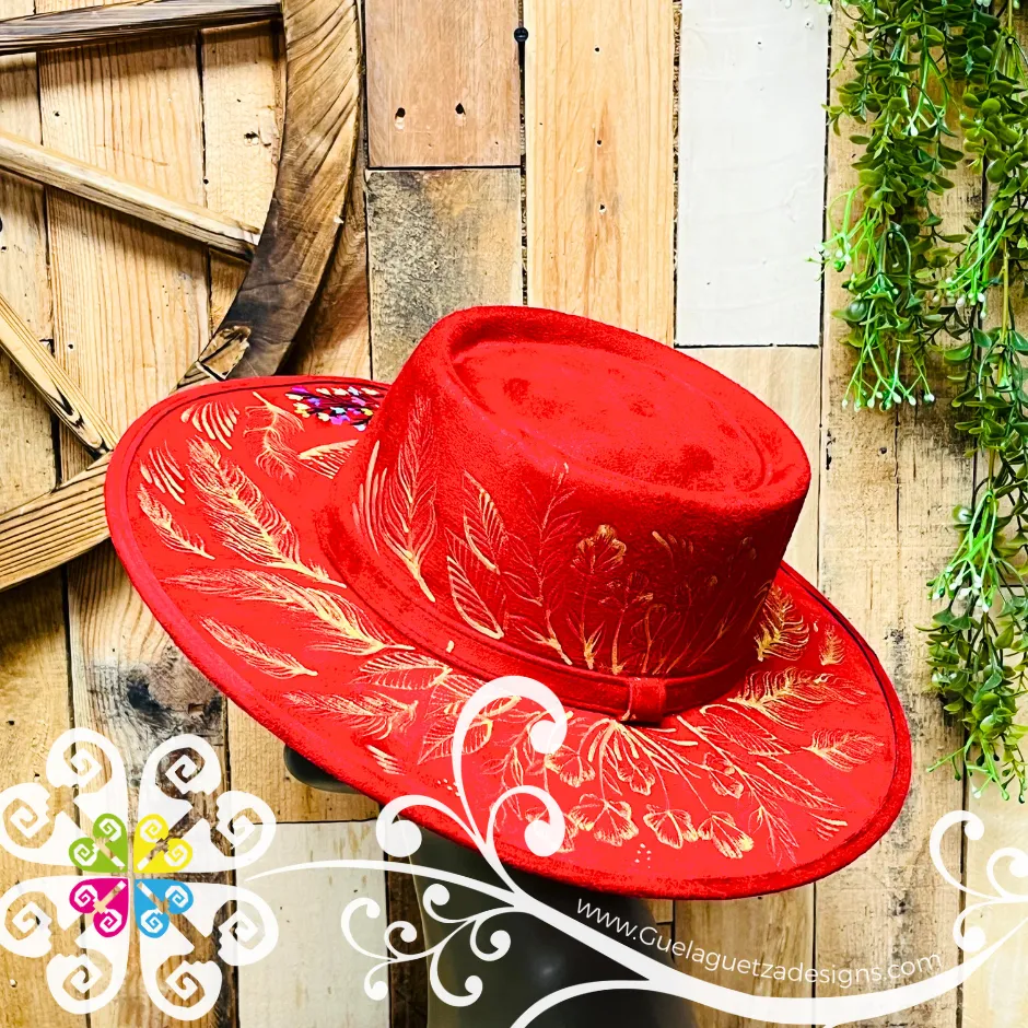 Red Oval Mitla Velvet Hat - Hand Painted Hat
