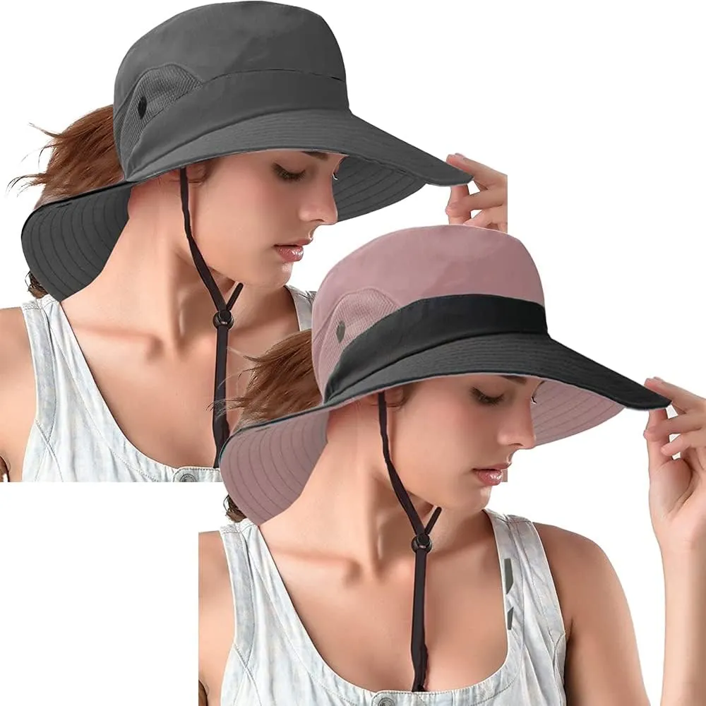 Rosoz Ponytail Sun Bucket Hats for Women UV Protection Foldable Mesh Wide Brim Hiking Beach Fishing Summer Safari