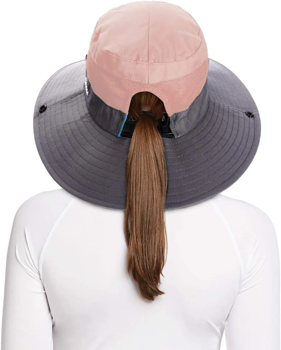 Rosoz Ponytail Sun Bucket Hats for Women UV Protection Foldable Mesh Wide Brim Hiking Beach Fishing Summer Safari