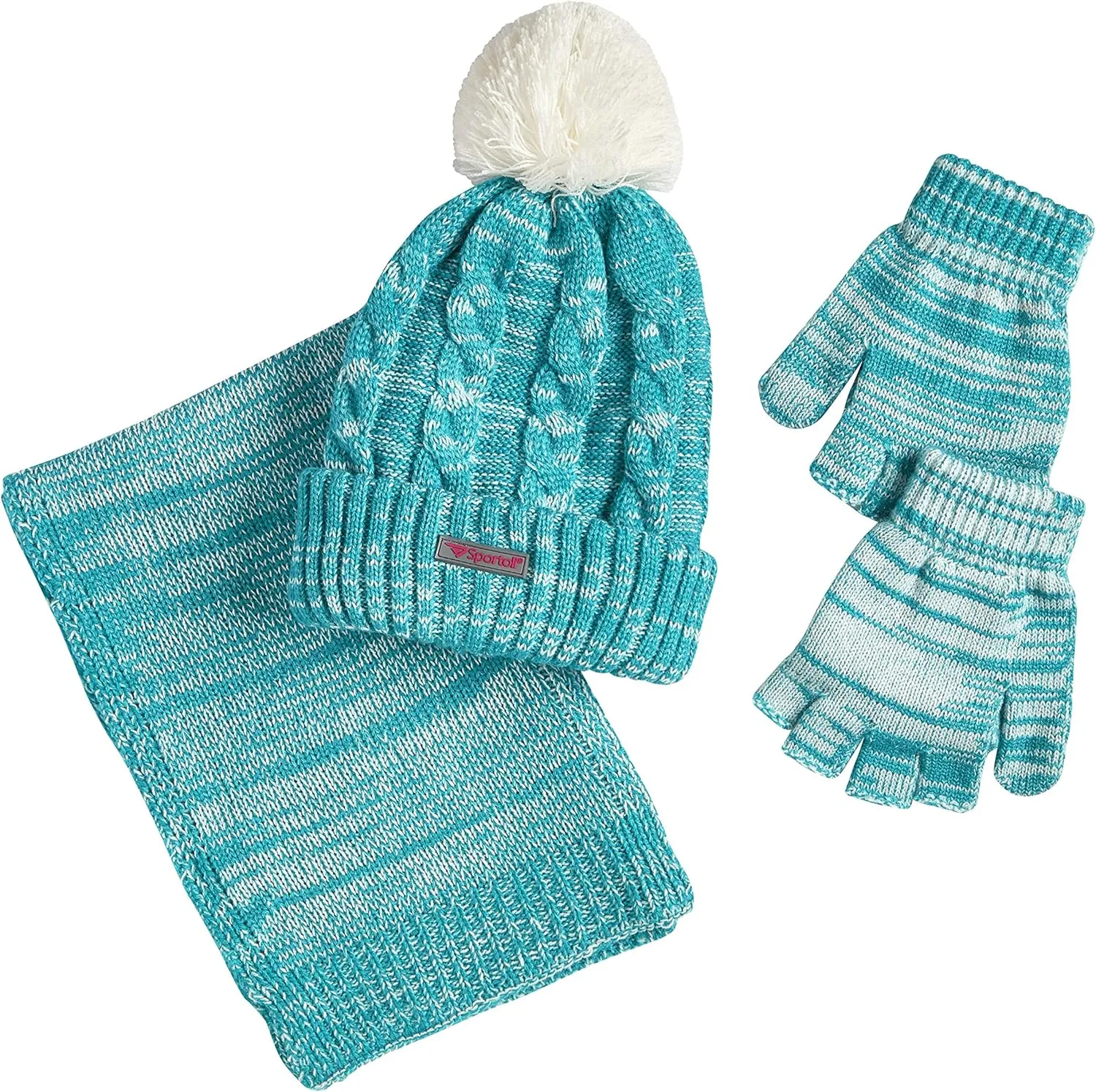 Sportoli Womens Girls kids 3-Piece Cable Knit Cold Weather Set Hat Scarf Glove - Aqua (Size Kids / 4-7 Yrs)