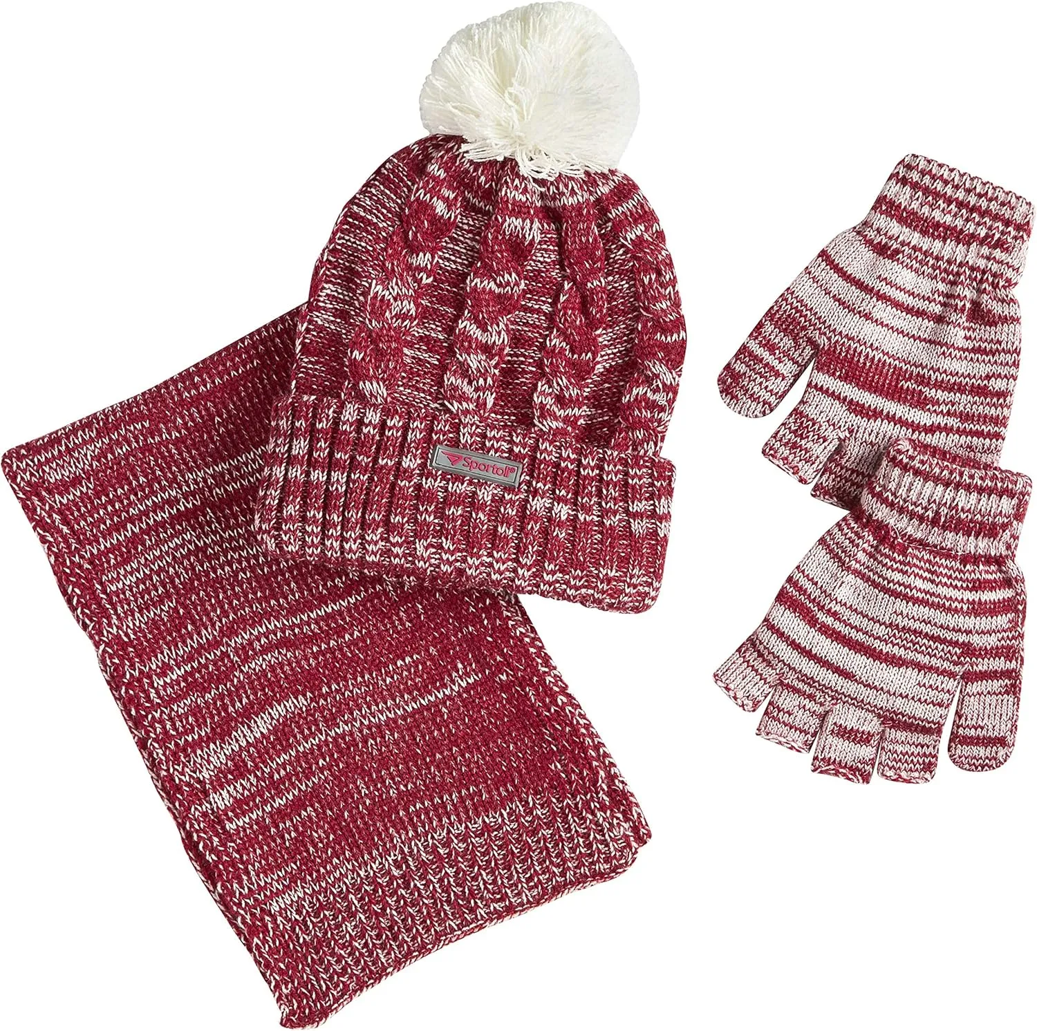 Sportoli Womens Girls kids 3-Piece Cable Knit Cold Weather Set Hat Scarf Glove - Burgundy (Size Teens / 8-16 Yrs)