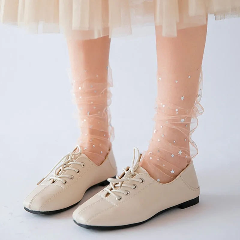 Star Moon Tulle Socks Women Transparent Woman Socks Female