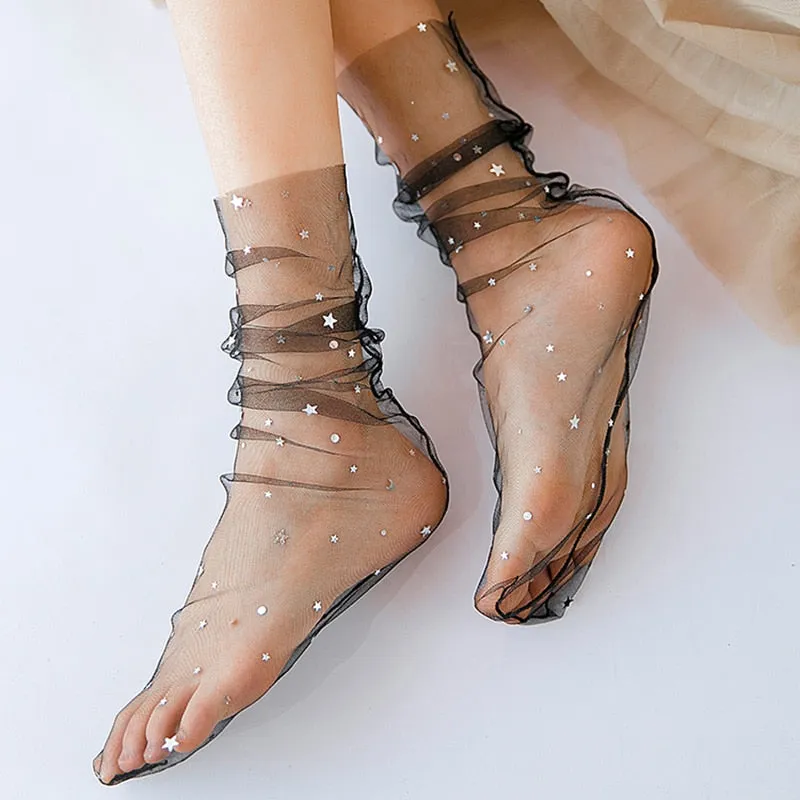 Star Moon Tulle Socks Women Transparent Woman Socks Female