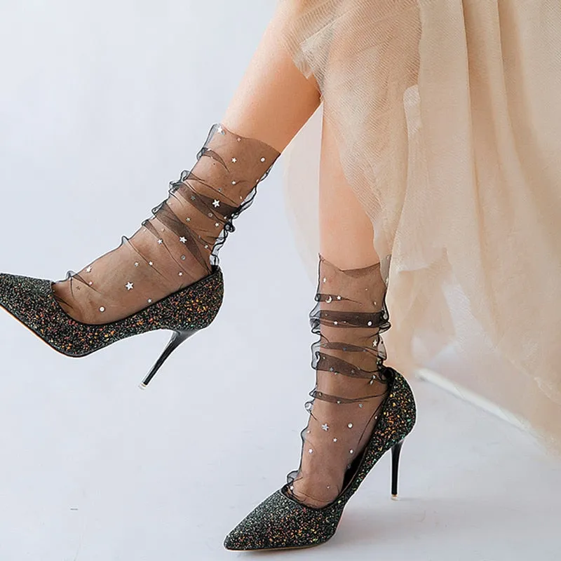 Star Moon Tulle Socks Women Transparent Woman Socks Female