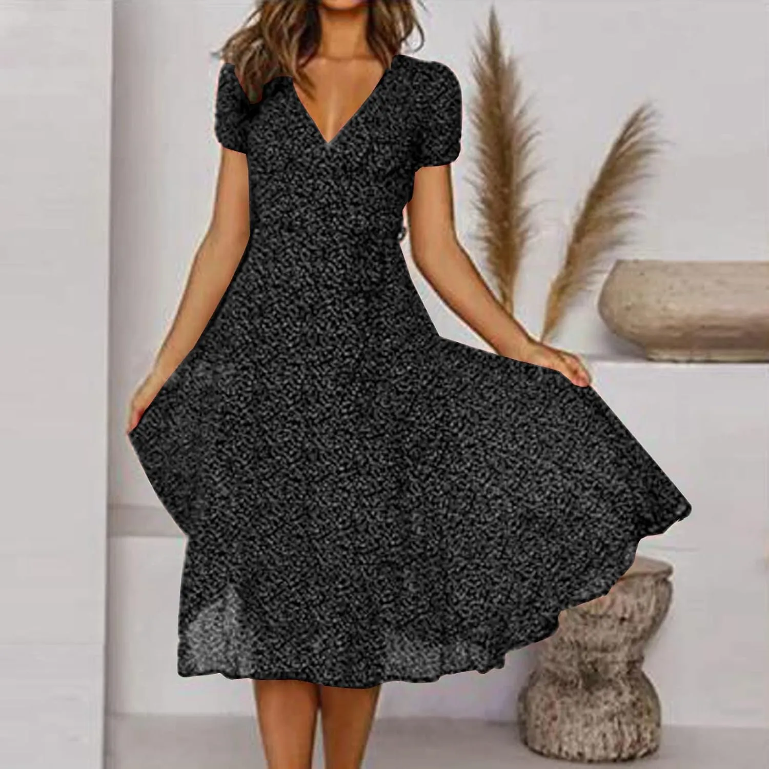 Summer Dresses for Women Floral Boho Dress Beach Casual Mid Length Dress Short Sleeve Flowy Elegant Midi Dresses