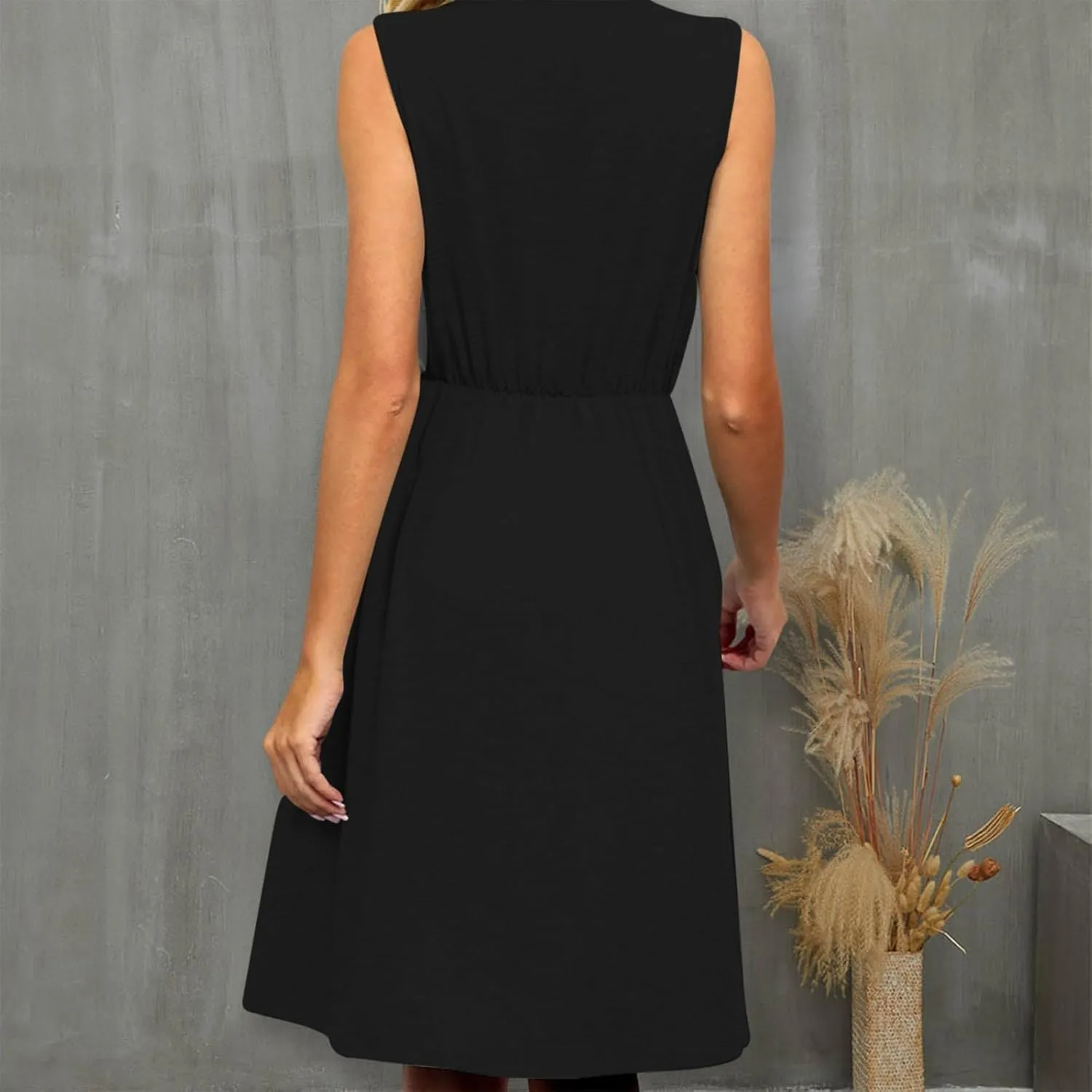 Summer Dresses for Womens 2024 Sexy Lace Patchwork V-Neck Dress Solid Sleeveless Smocked Waist Knee-Length Midi Dress