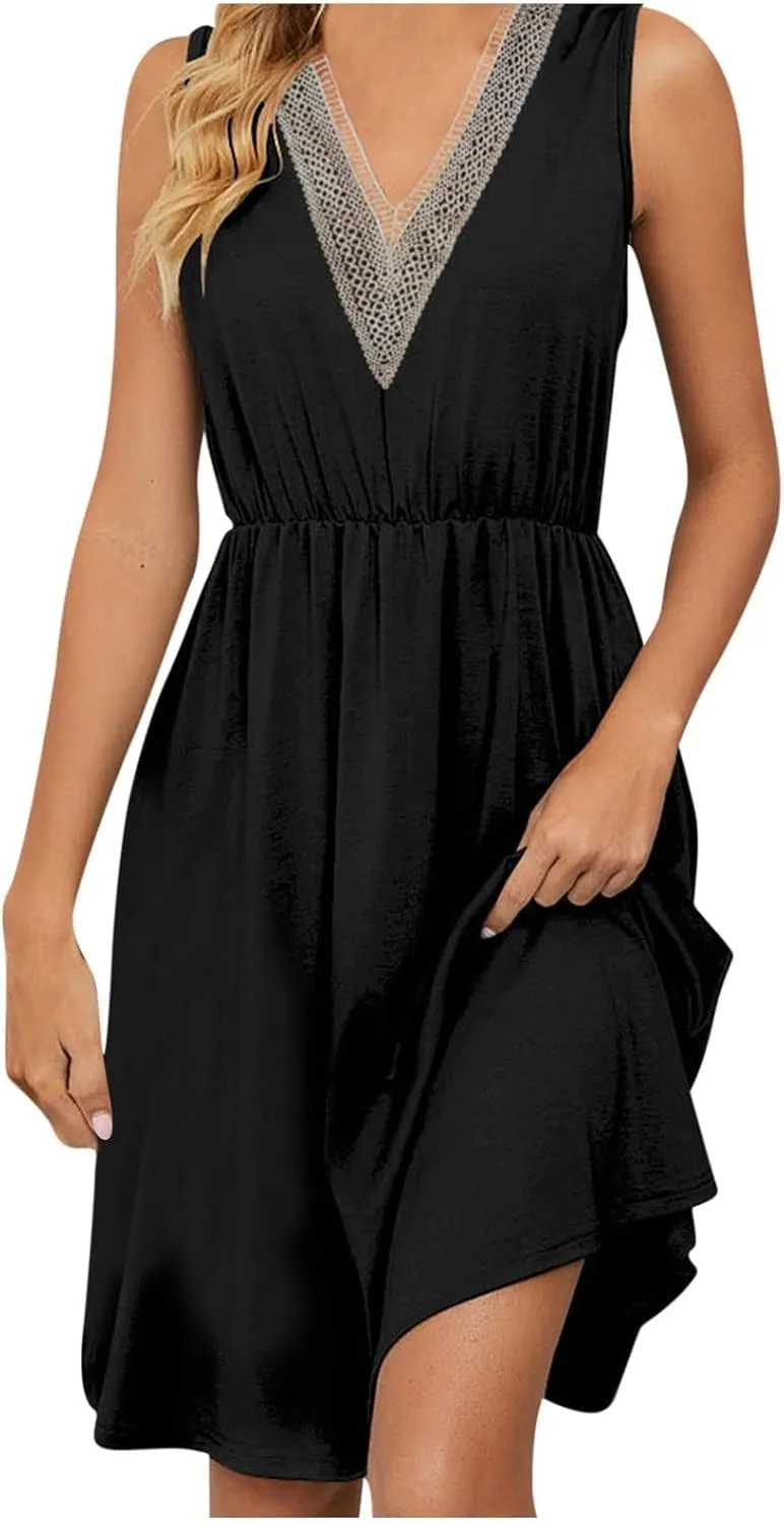Summer Dresses for Womens 2024 Sexy Lace Patchwork V-Neck Dress Solid Sleeveless Smocked Waist Knee-Length Midi Dress