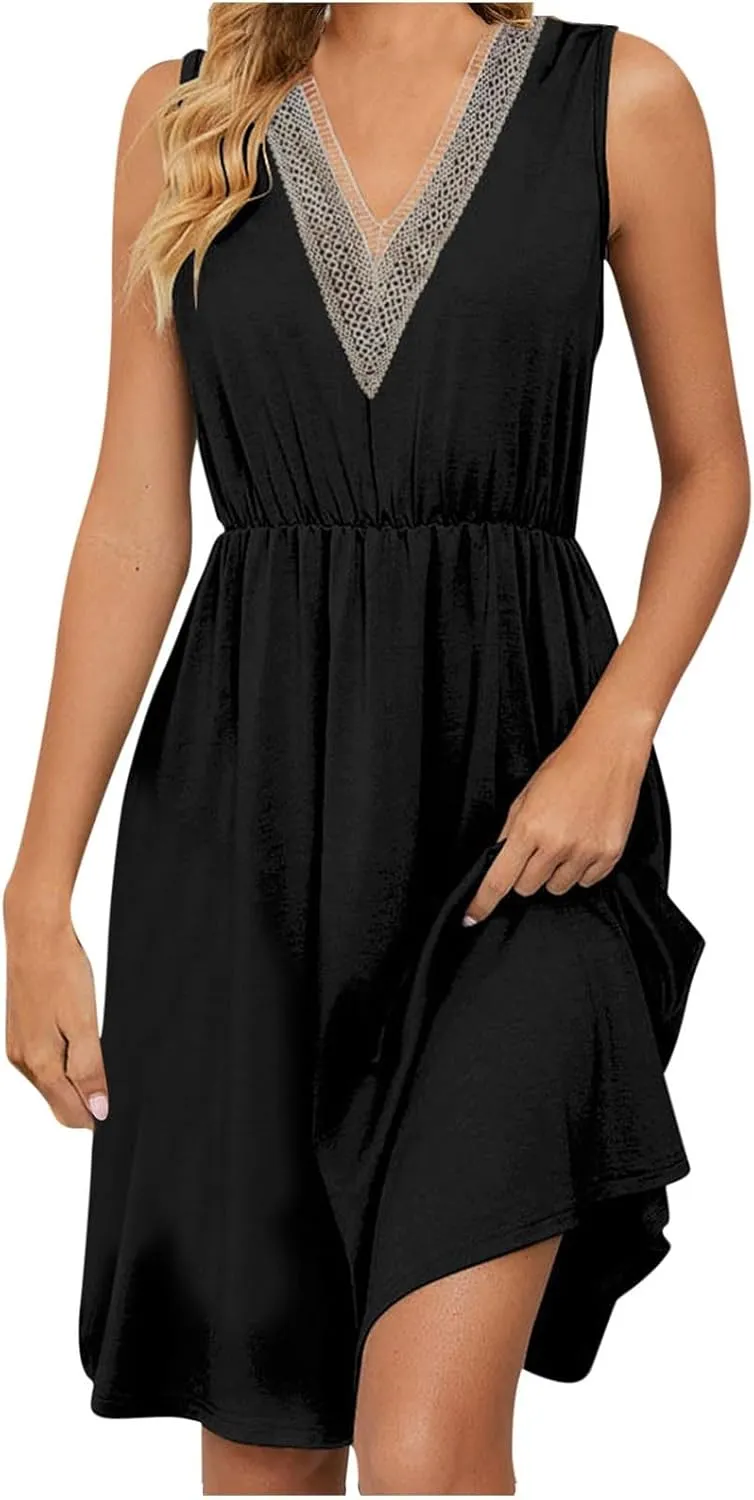 Summer Dresses for Womens 2024 Sexy Lace Patchwork V-Neck Dress Solid Sleeveless Smocked Waist Knee-Length Midi Dress