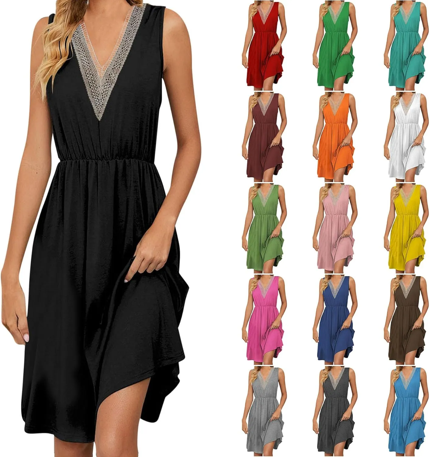 Summer Dresses for Womens 2024 Sexy Lace Patchwork V-Neck Dress Solid Sleeveless Smocked Waist Knee-Length Midi Dress
