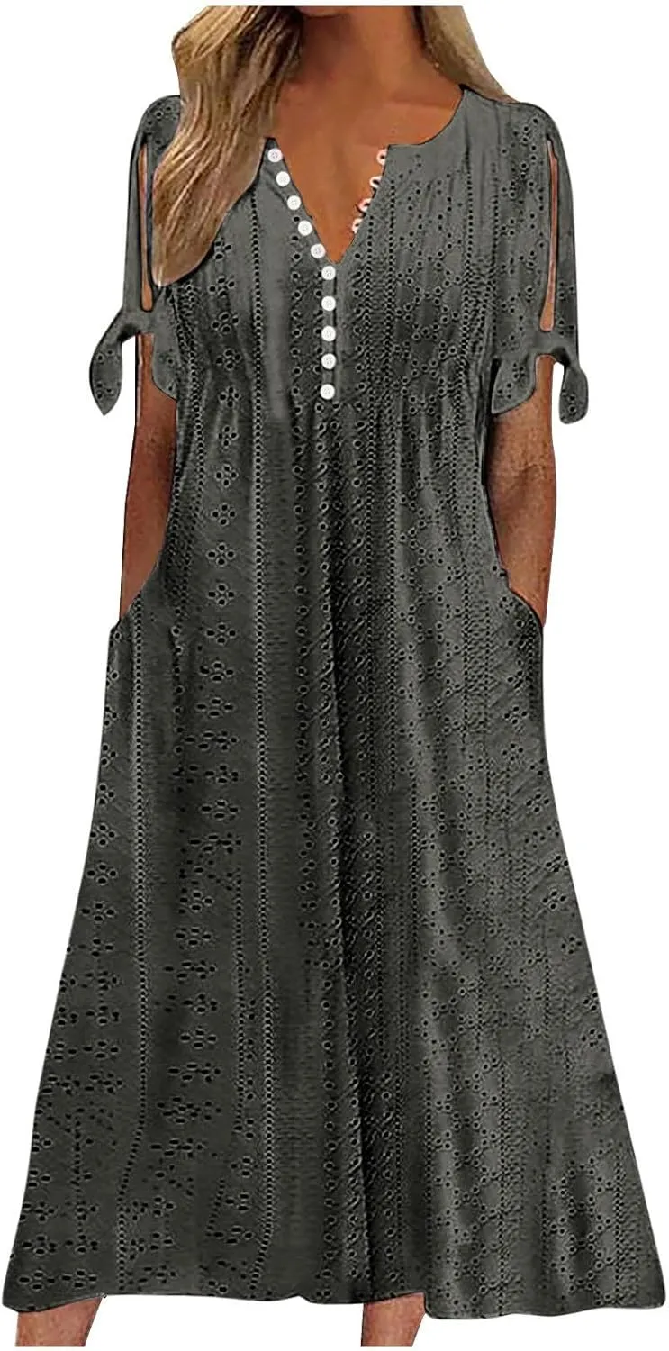 Summer Eyelet Hollow Coverup Dress Women Tie Knot Short Sleeve Midi A-Line Dresses Casual Button V Neck Shirt Dress
