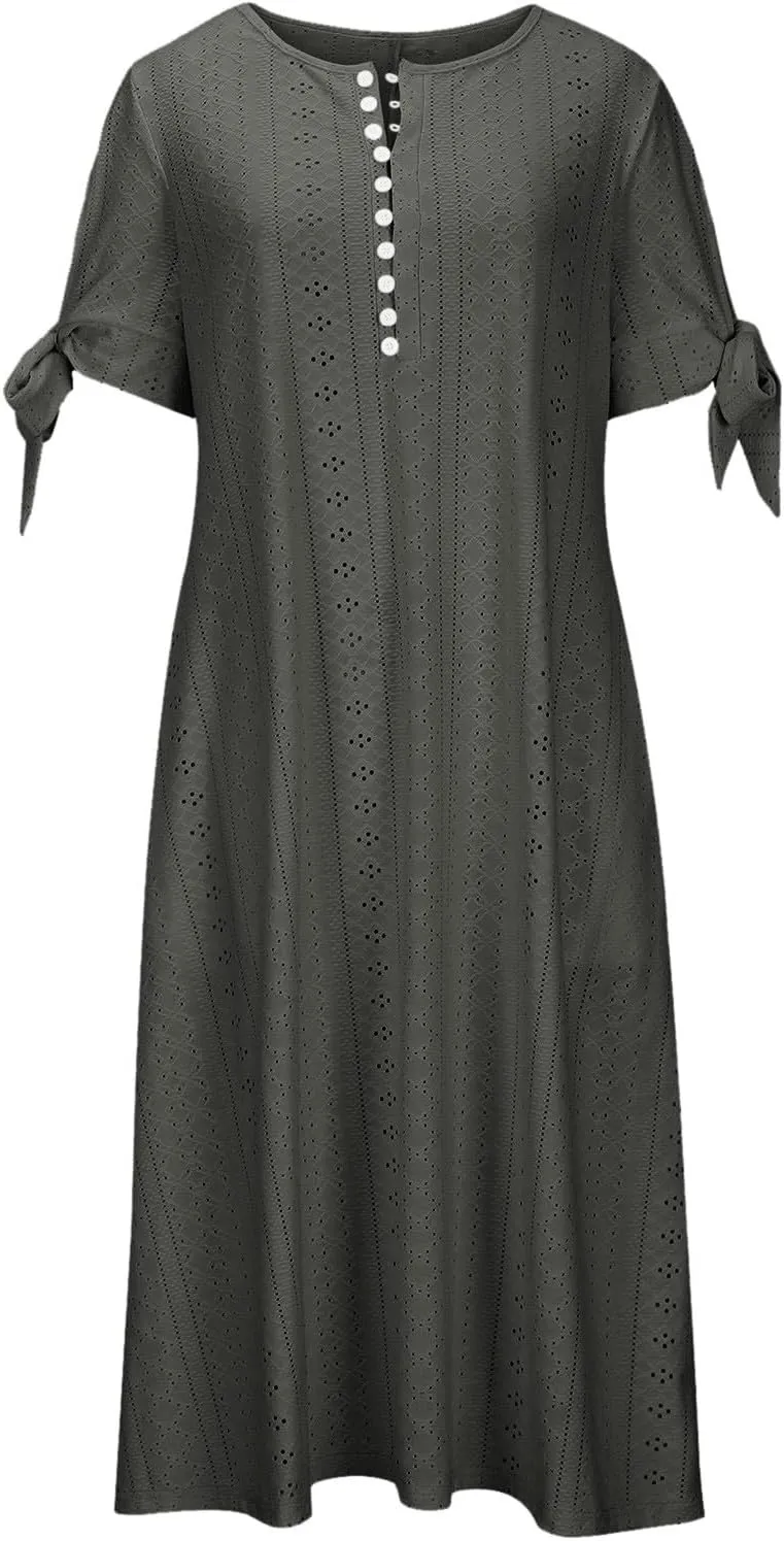 Summer Eyelet Hollow Coverup Dress Women Tie Knot Short Sleeve Midi A-Line Dresses Casual Button V Neck Shirt Dress