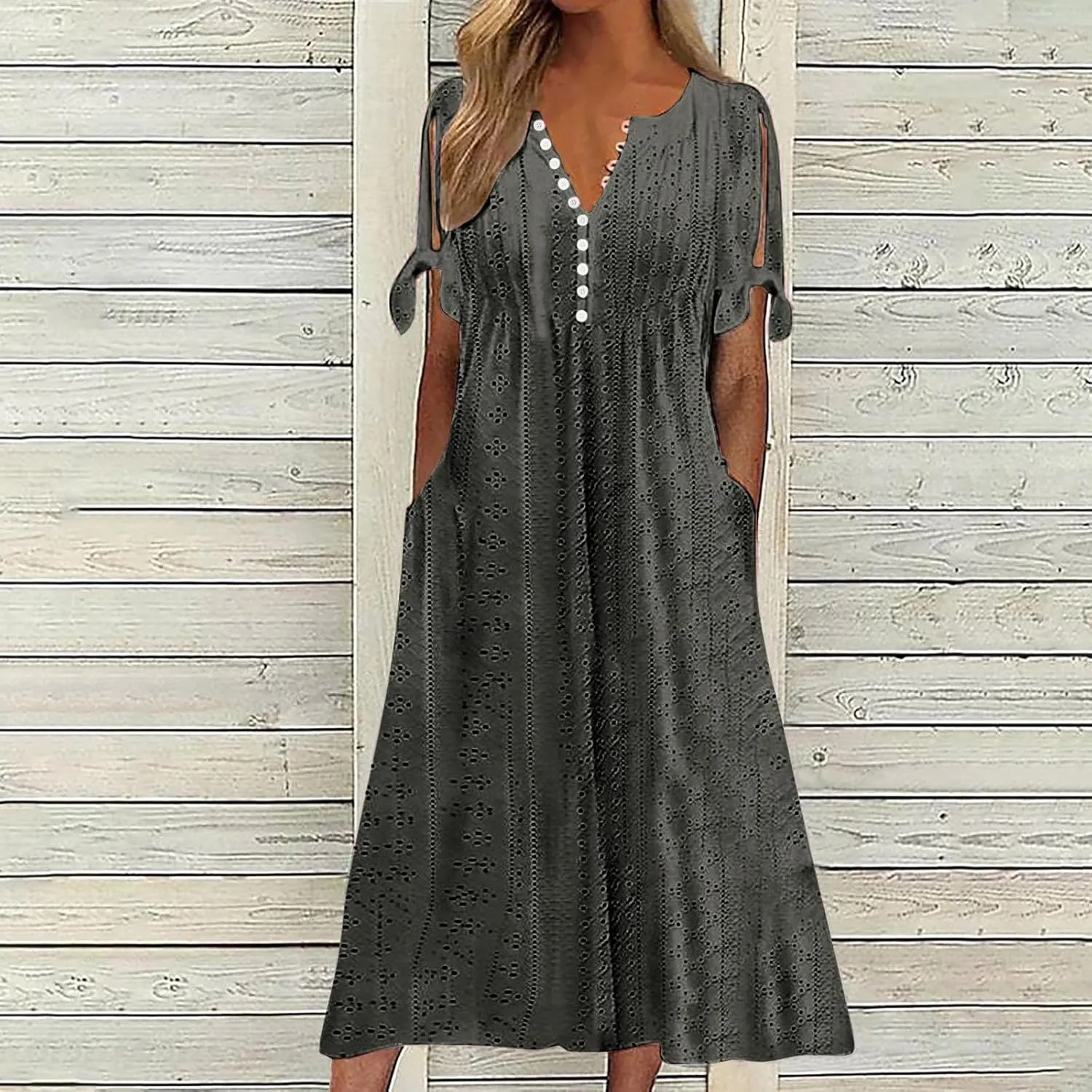 Summer Eyelet Hollow Coverup Dress Women Tie Knot Short Sleeve Midi A-Line Dresses Casual Button V Neck Shirt Dress