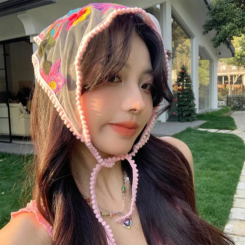 TAVIMART  -  Chinese Style Lace Embroidered Triangular Hair Scarf for Women Summer Seaside Beach Sun Protection Versatile Photo Silk Scarves
