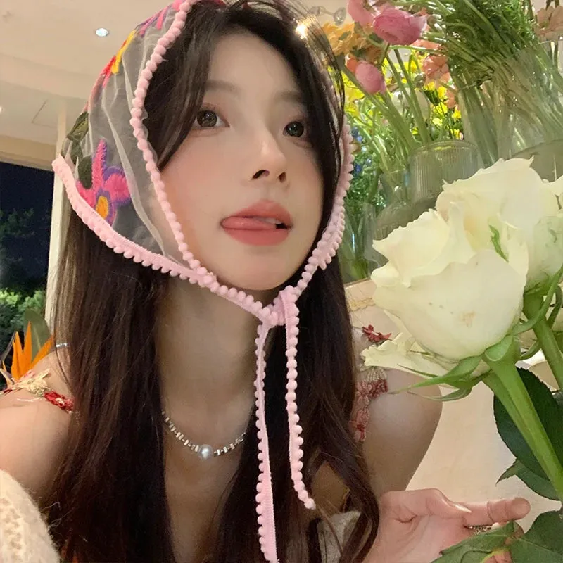 TAVIMART  -  Chinese Style Lace Embroidered Triangular Hair Scarf for Women Summer Seaside Beach Sun Protection Versatile Photo Silk Scarves